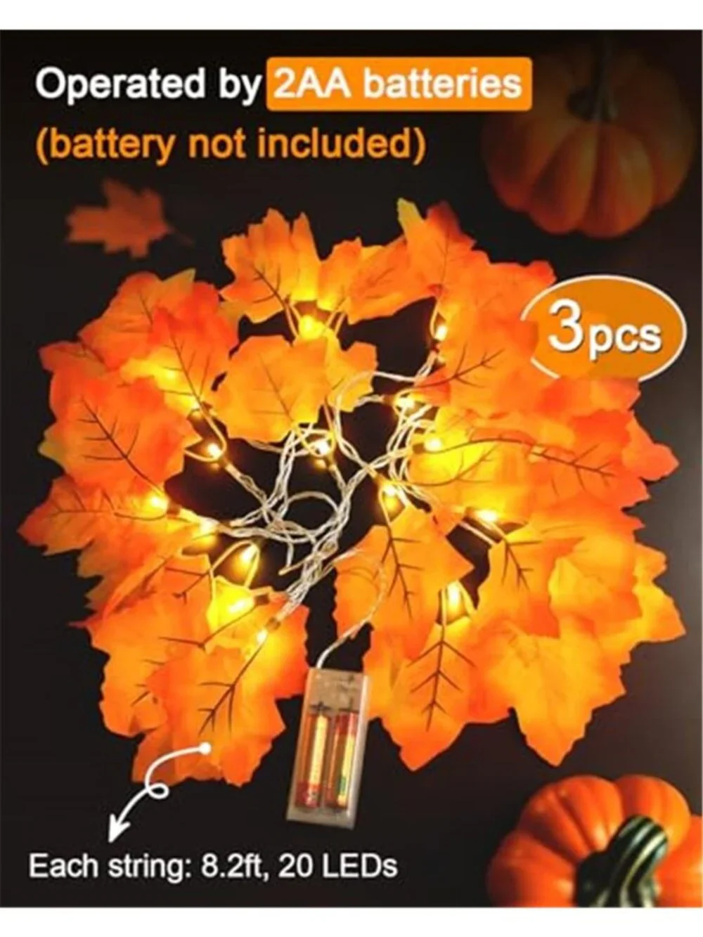 Fall Decor 3-Pack Fall Garland with Lights, Total 24.6ft 60LED